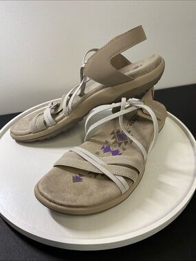 Skechers Memory Foam Beige Strappy Sandal, Reggae Slim Sunnyside, Size 9